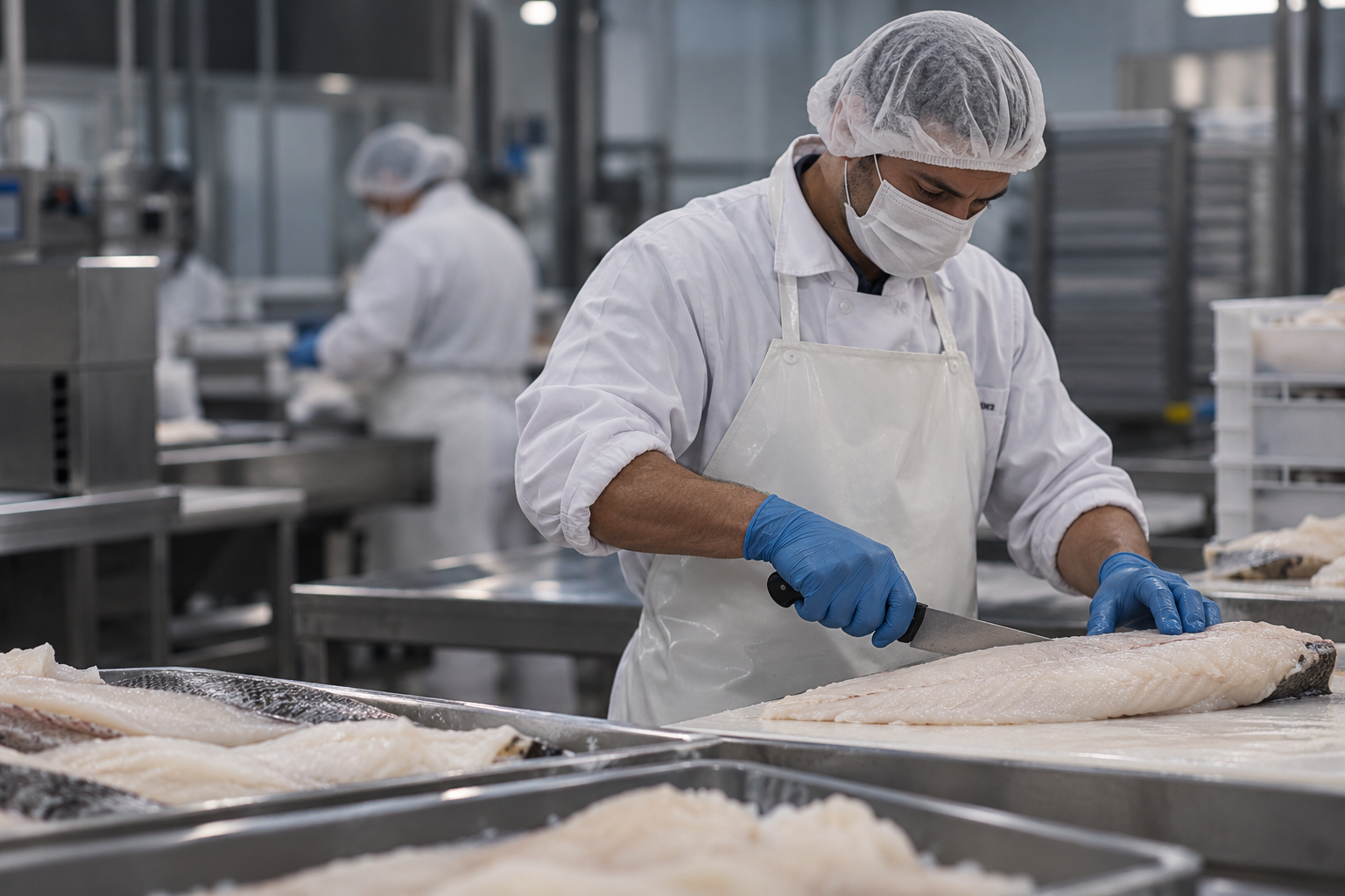 Sfilettatura del baccalà nel laboratorio di Via Calemme